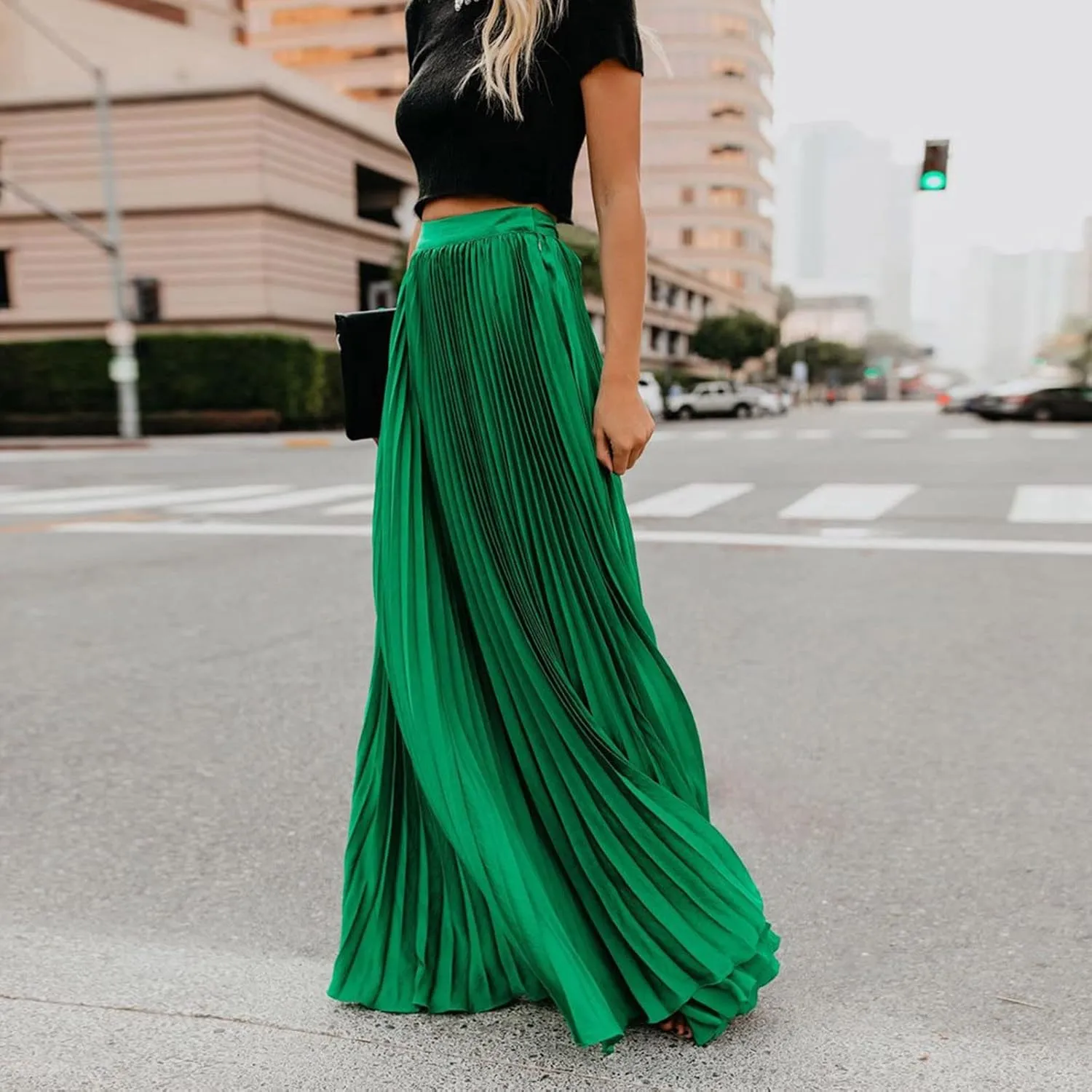 Women High Elastic Waist Pleated Skirt Maxi Swing A-line Skirts Summer Boho Long Beach Flowy Skirt Dress 2024 New