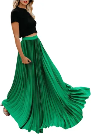 Women High Elastic Waist Pleated Skirt Maxi Swing A-line Skirts Summer Boho Long Beach Flowy Skirt Dress 2024 New