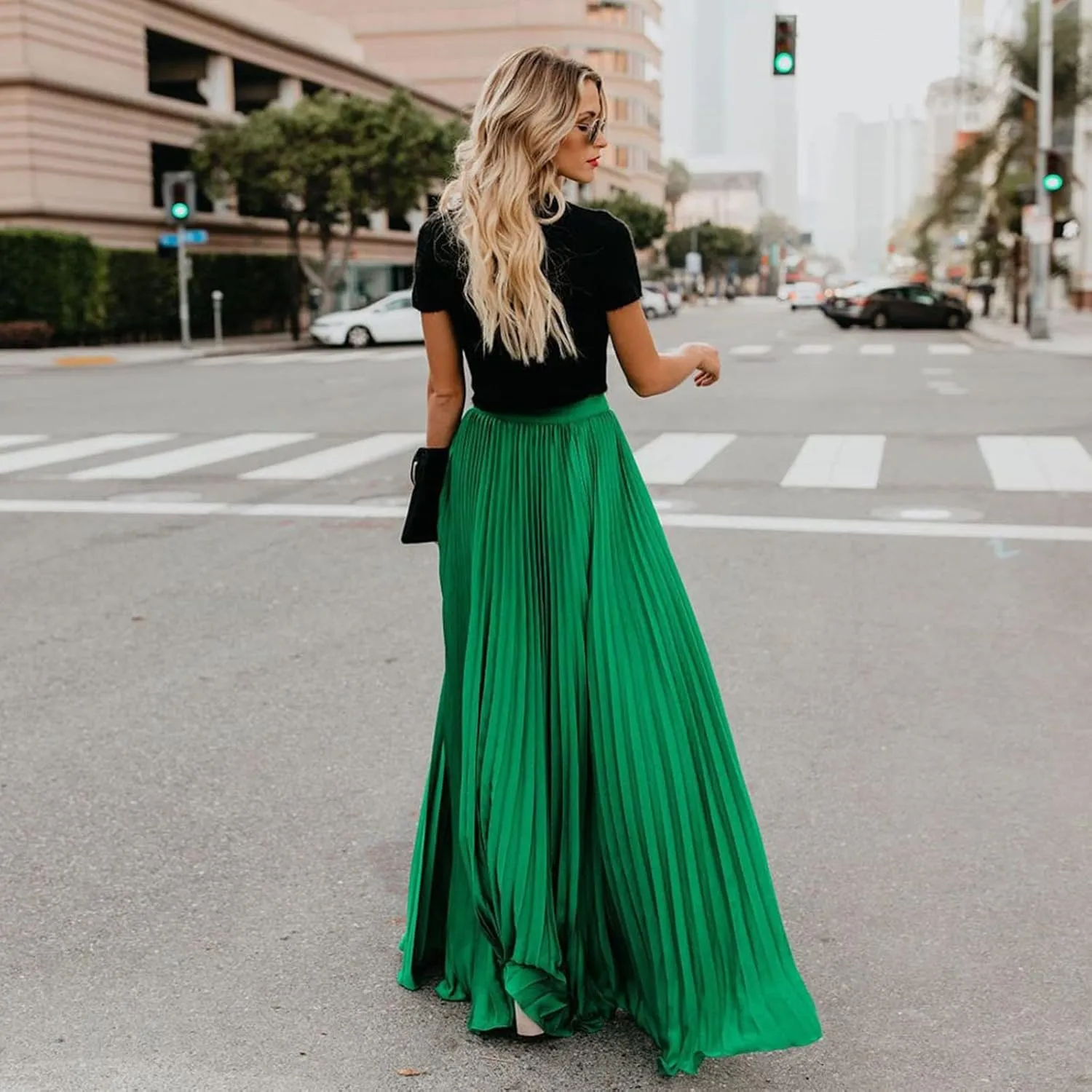 Women High Elastic Waist Pleated Skirt Maxi Swing A-line Skirts Summer Boho Long Beach Flowy Skirt Dress 2024 New