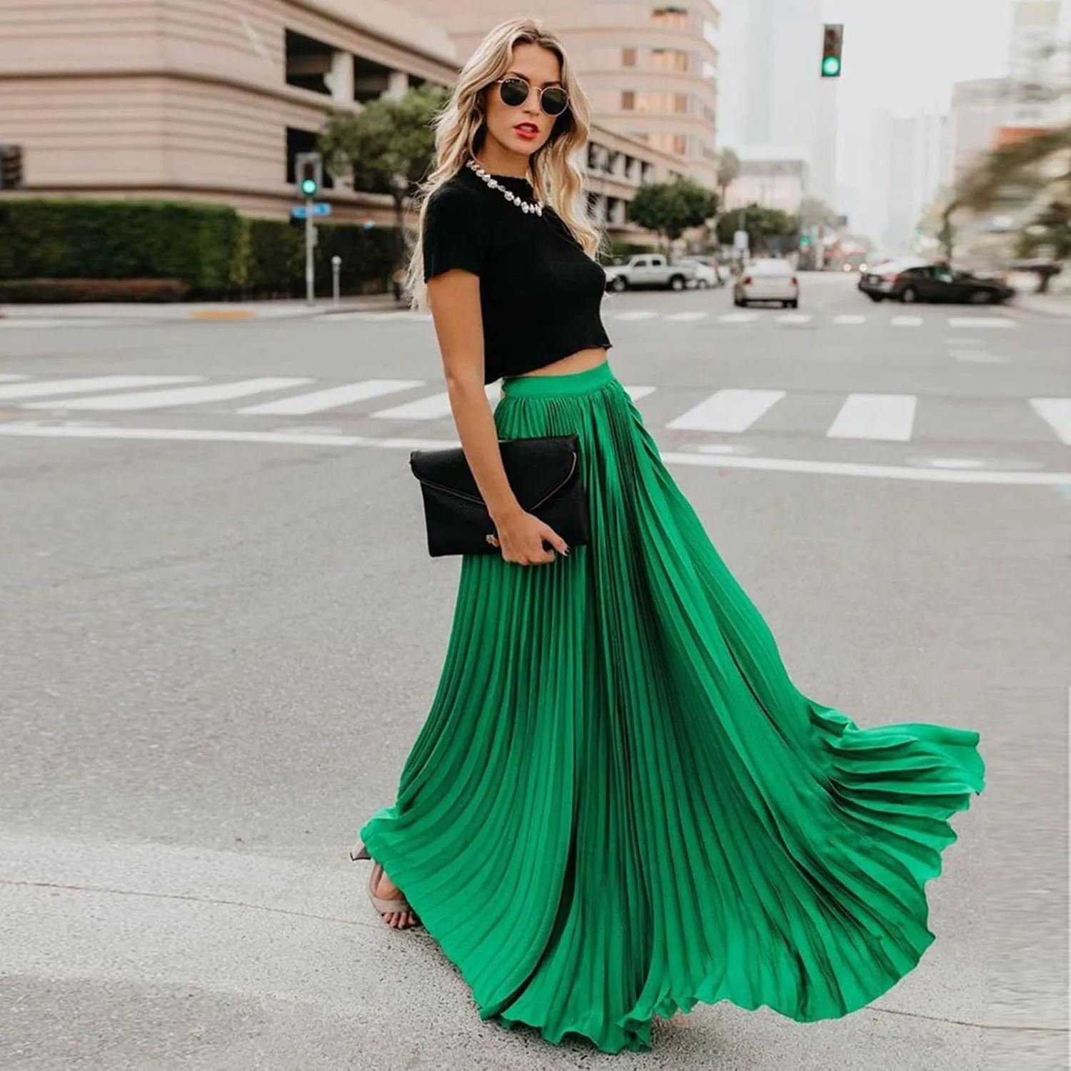 Women High Elastic Waist Pleated Skirt Maxi Swing A-line Skirts Summer Boho Long Beach Flowy Skirt Dress 2024 New