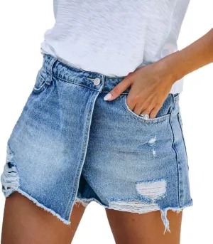 Women Irregular Ripped Jean Shorts Summer Fringe Hem Jean Shorts High Waisted Baggy Vintage Distressed Denim Short