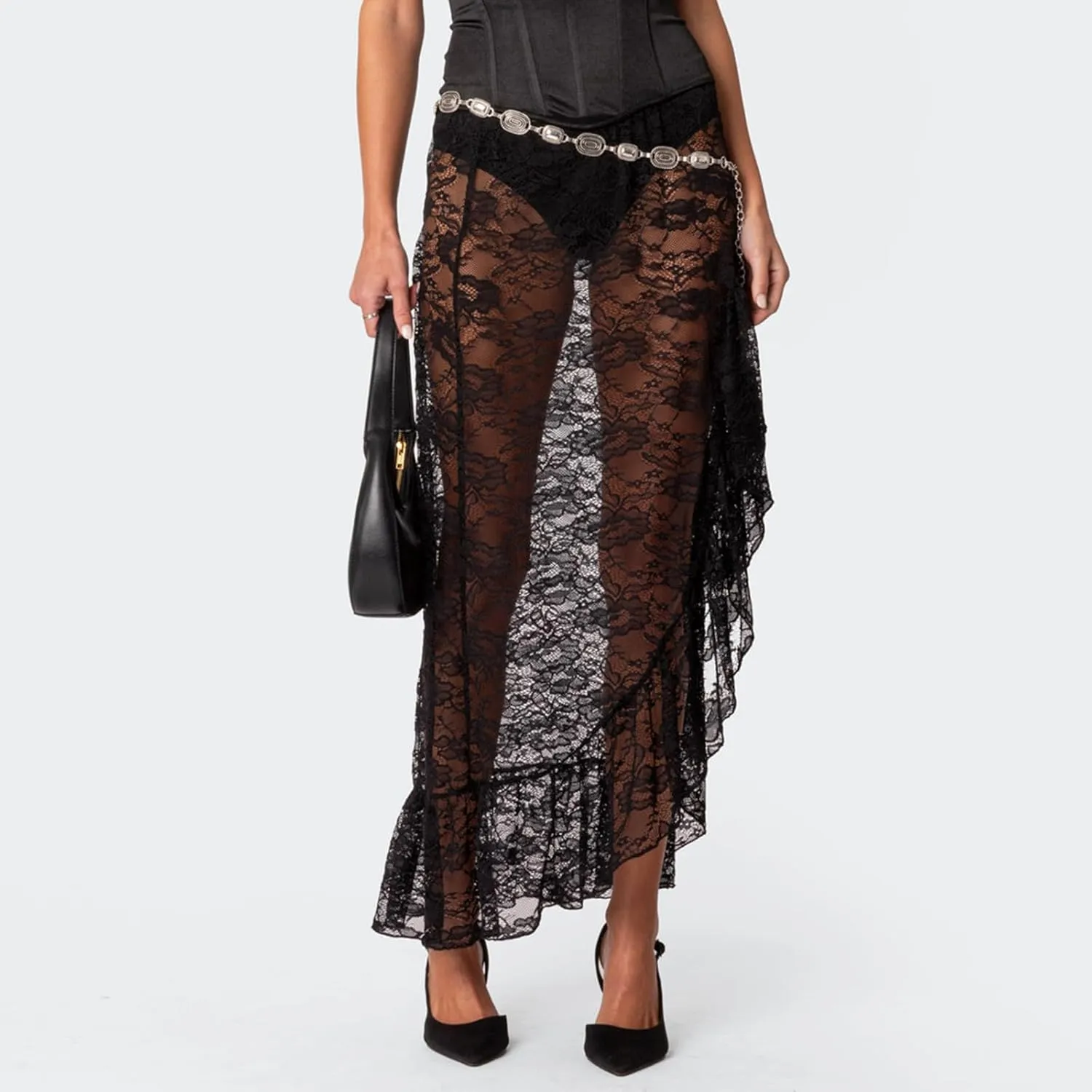 Women Lace Long Skirts Sexy See-Through Summer Elastic Asymmetrical Layered Hem Beach Floral Flowy Maxi Skirts