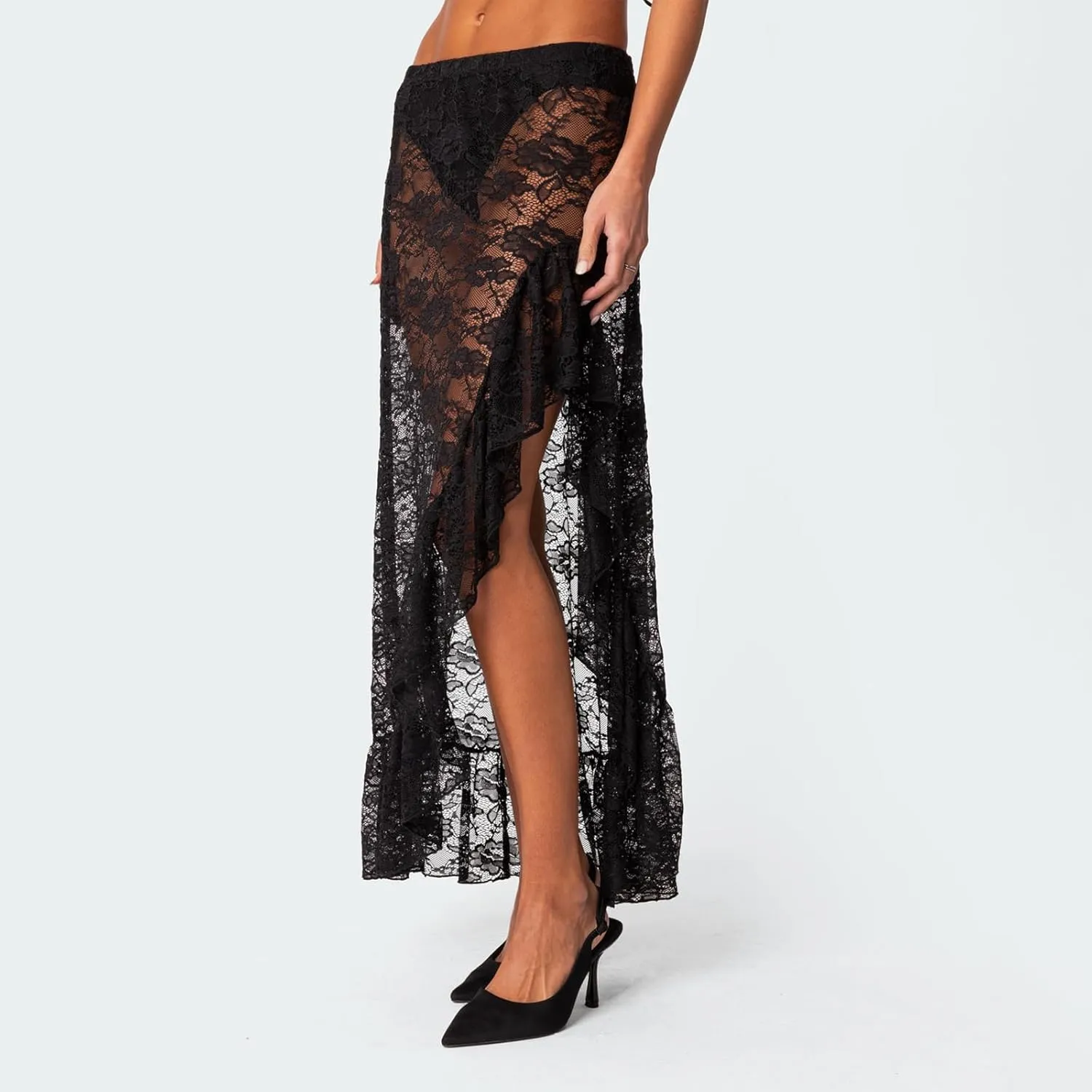 Women Lace Long Skirts Sexy See-Through Summer Elastic Asymmetrical Layered Hem Beach Floral Flowy Maxi Skirts