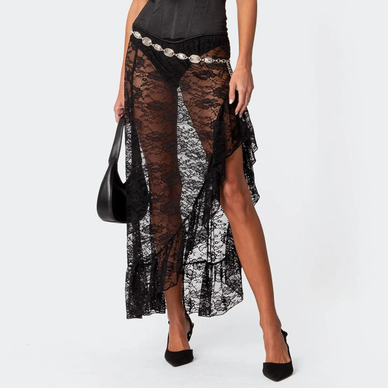Women Lace Long Skirts Sexy See-Through Summer Elastic Asymmetrical Layered Hem Beach Floral Flowy Maxi Skirts
