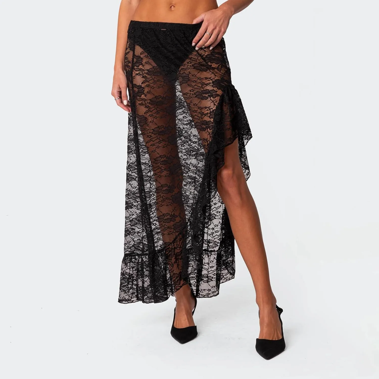Women Lace Long Skirts Sexy See-Through Summer Elastic Asymmetrical Layered Hem Beach Floral Flowy Maxi Skirts