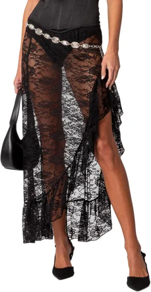 Women Lace Long Skirts Sexy See-Through Summer Elastic Asymmetrical Layered Hem Beach Floral Flowy Maxi Skirts