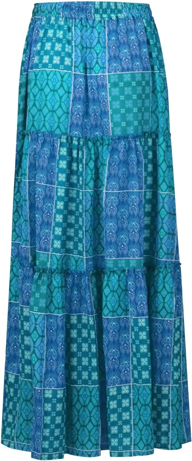 Women Long Skirts Boho Floral High Waisted Casual A Line Skirt Pleated Beach Flowy Swing Maxi-Skirt Vacation Clothes