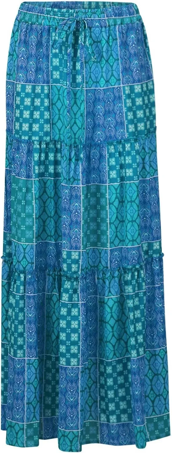 Women Long Skirts Boho Floral High Waisted Casual A Line Skirt Pleated Beach Flowy Swing Maxi-Skirt Vacation Clothes