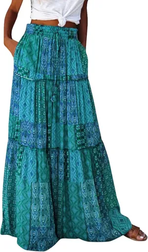 Women Long Skirts Boho Floral High Waisted Casual A Line Skirt Pleated Beach Flowy Swing Maxi-Skirt Vacation Clothes