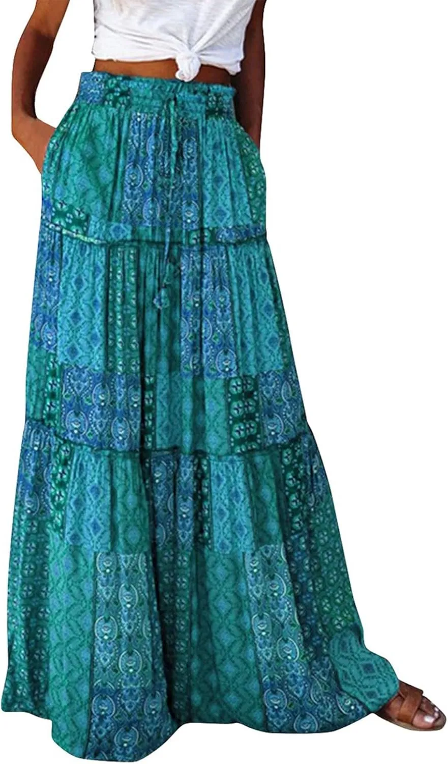 Women Long Skirts Boho Floral High Waisted Casual A Line Skirt Pleated Beach Flowy Swing Maxi-Skirt Vacation Clothes