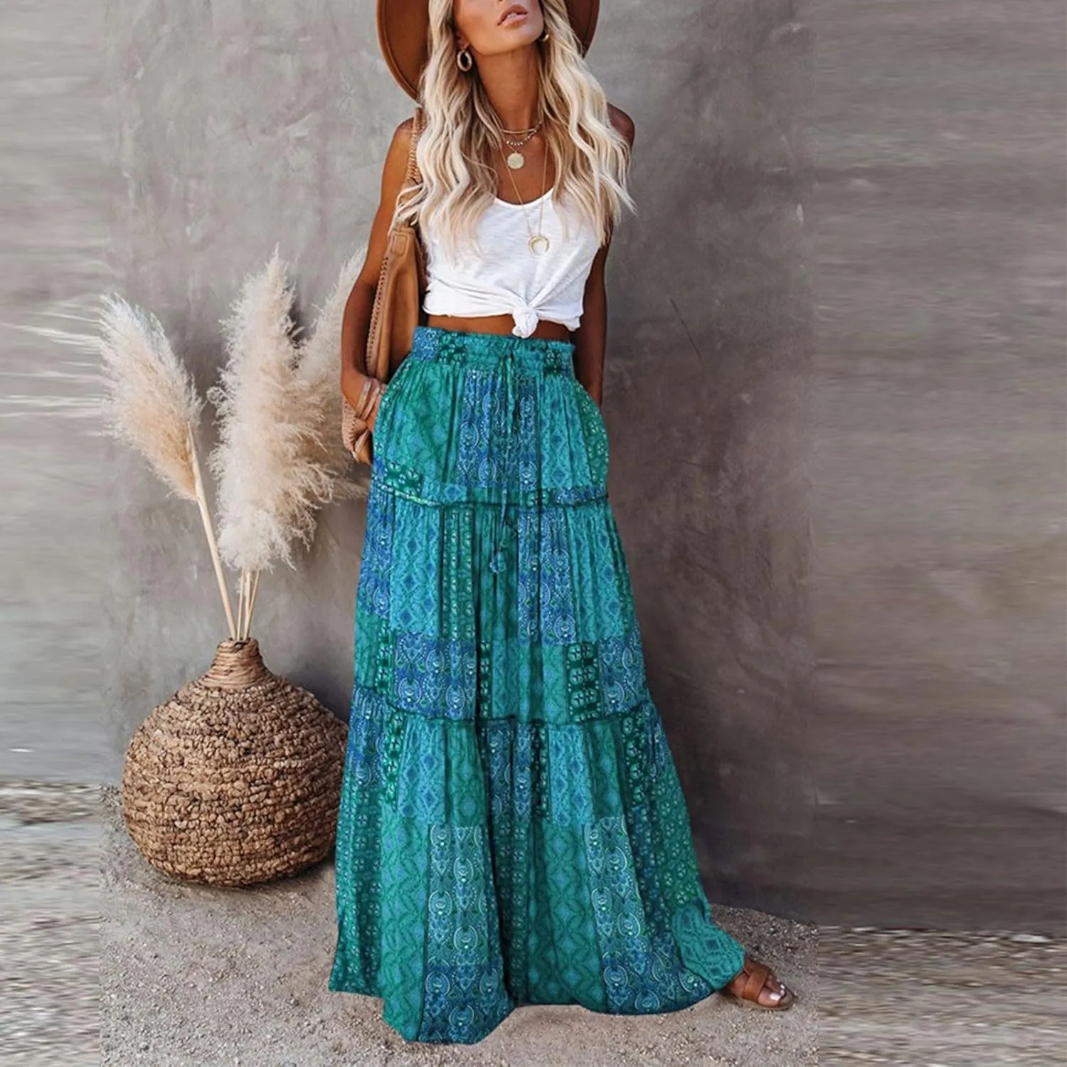 Women Long Skirts Boho Floral High Waisted Casual A Line Skirt Pleated Beach Flowy Swing Maxi-Skirt Vacation Clothes