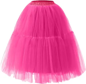 Women Mesh Splice Midi Skirts Elastic Waist Tulle Skirt A-Line Swing Knee Length Babydoll Peplum Trendy Prom Dress