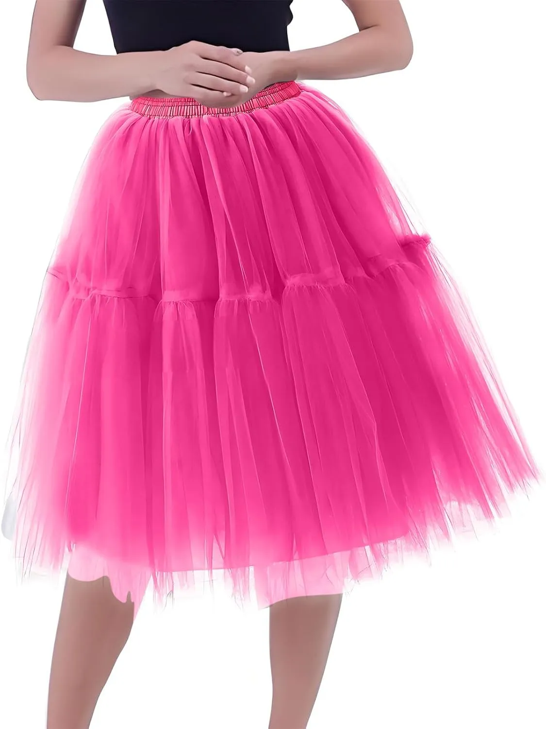 Women Mesh Splice Midi Skirts Elastic Waist Tulle Skirt A-Line Swing Knee Length Babydoll Peplum Trendy Prom Dress