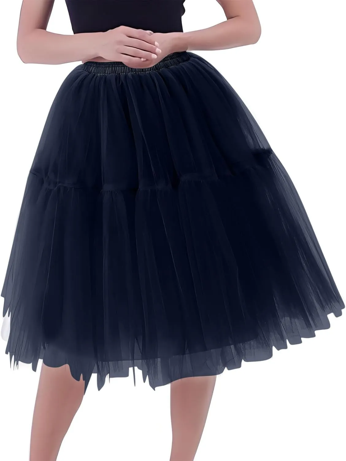 Women Mesh Splice Midi Skirts Elastic Waist Tulle Skirt A-Line Swing Knee Length Babydoll Peplum Trendy Prom Dress