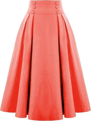 Women Midi Skirt Button High Waisted Elastic Casual Solid Color Pleated Knee Length Flowy A Line Skirts
