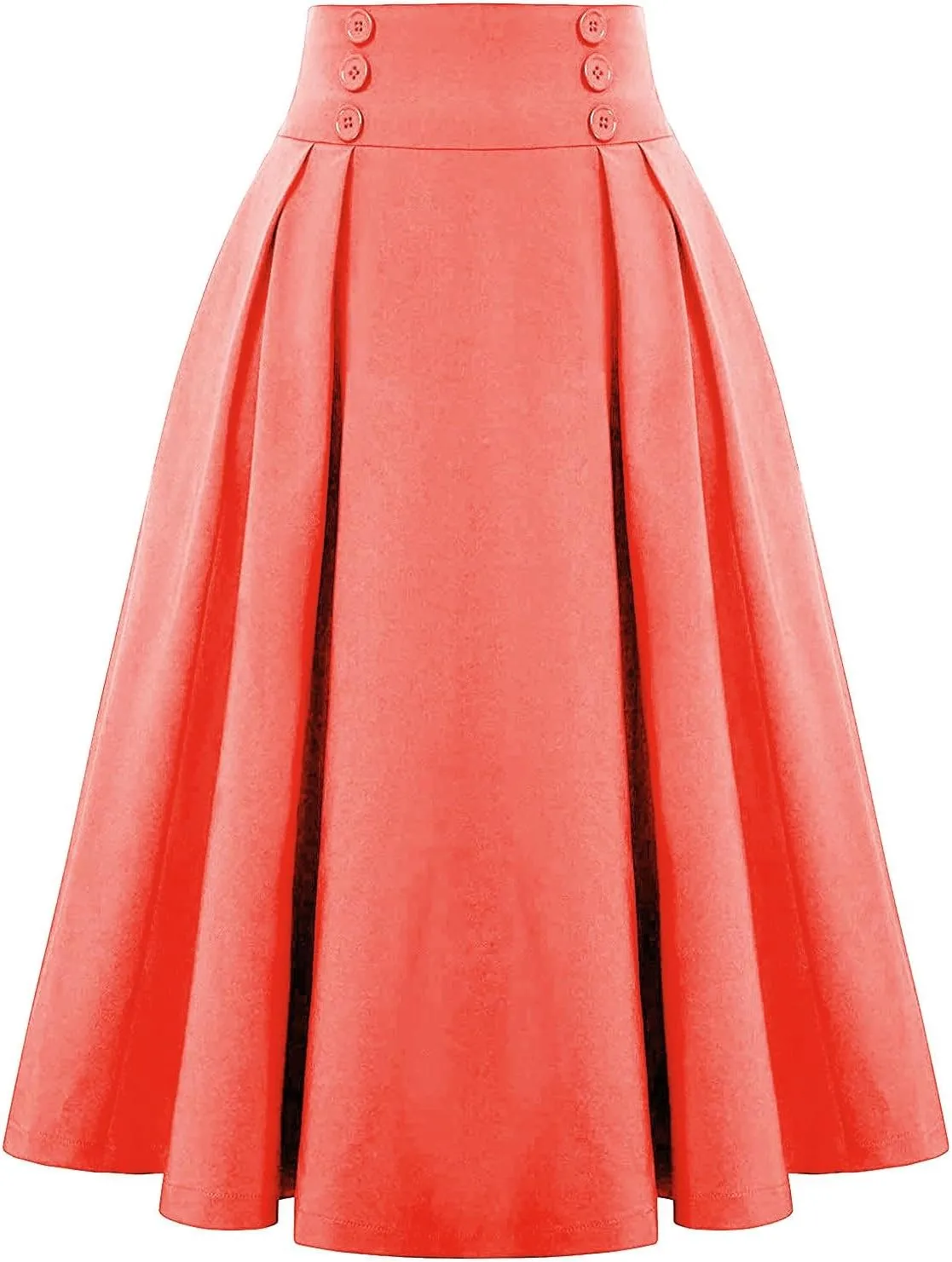 Women Midi Skirt Button High Waisted Elastic Casual Solid Color Pleated Knee Length Flowy A Line Skirts