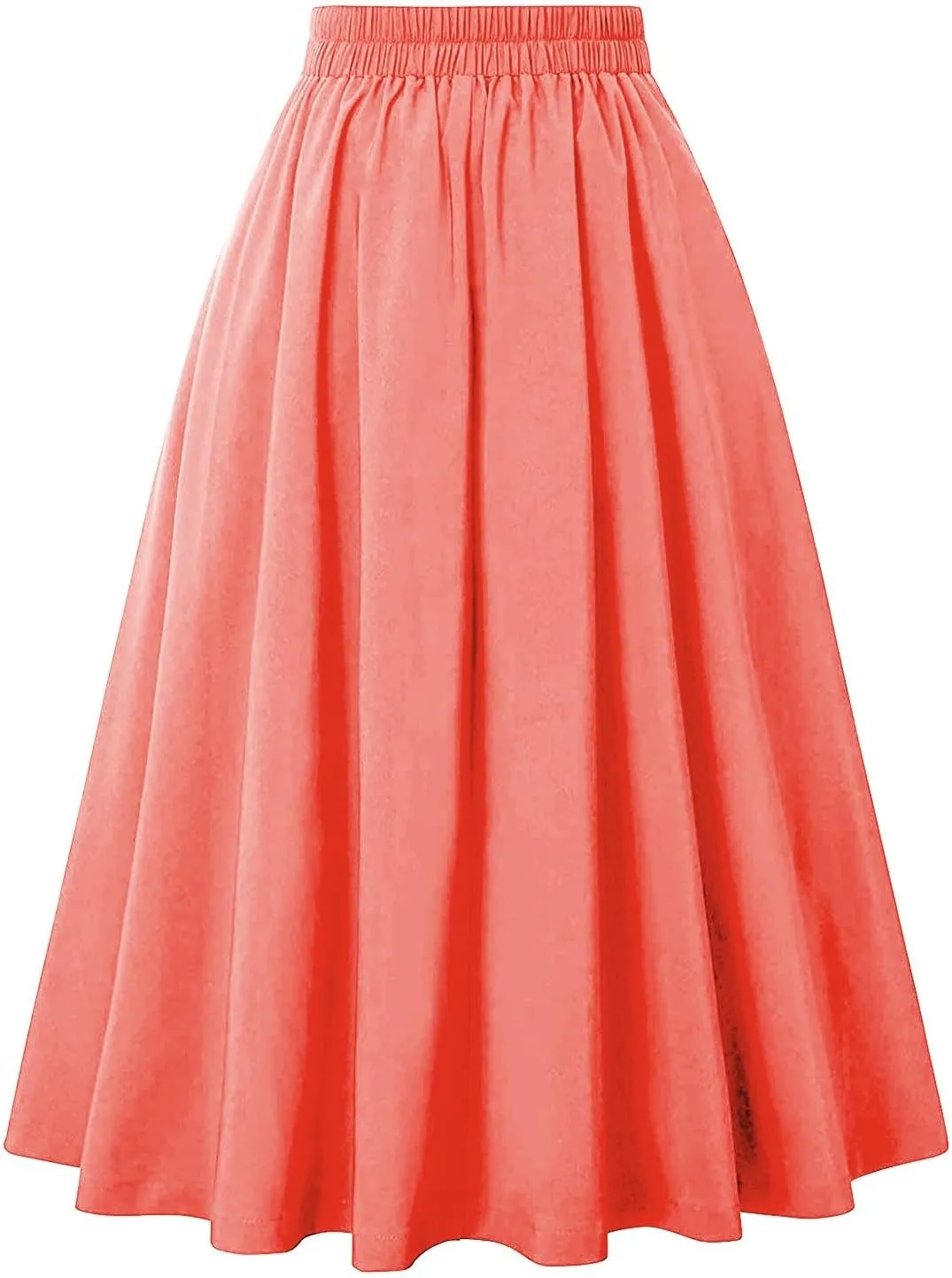 Women Midi Skirt Button High Waisted Elastic Casual Solid Color Pleated Knee Length Flowy A Line Skirts