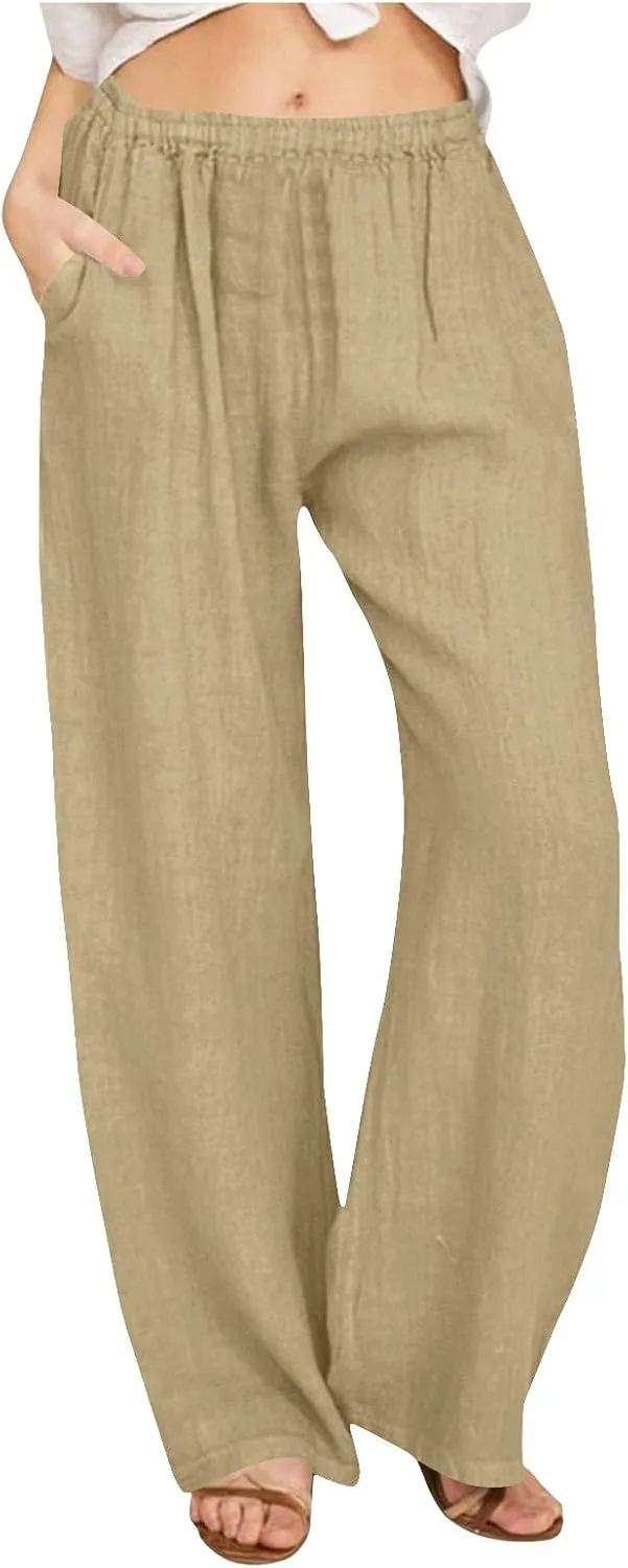 Women Pants High Waist Casual Drawstring Wide Leg Long Pant Solid Color Loose Business Office Trousers with Pockets