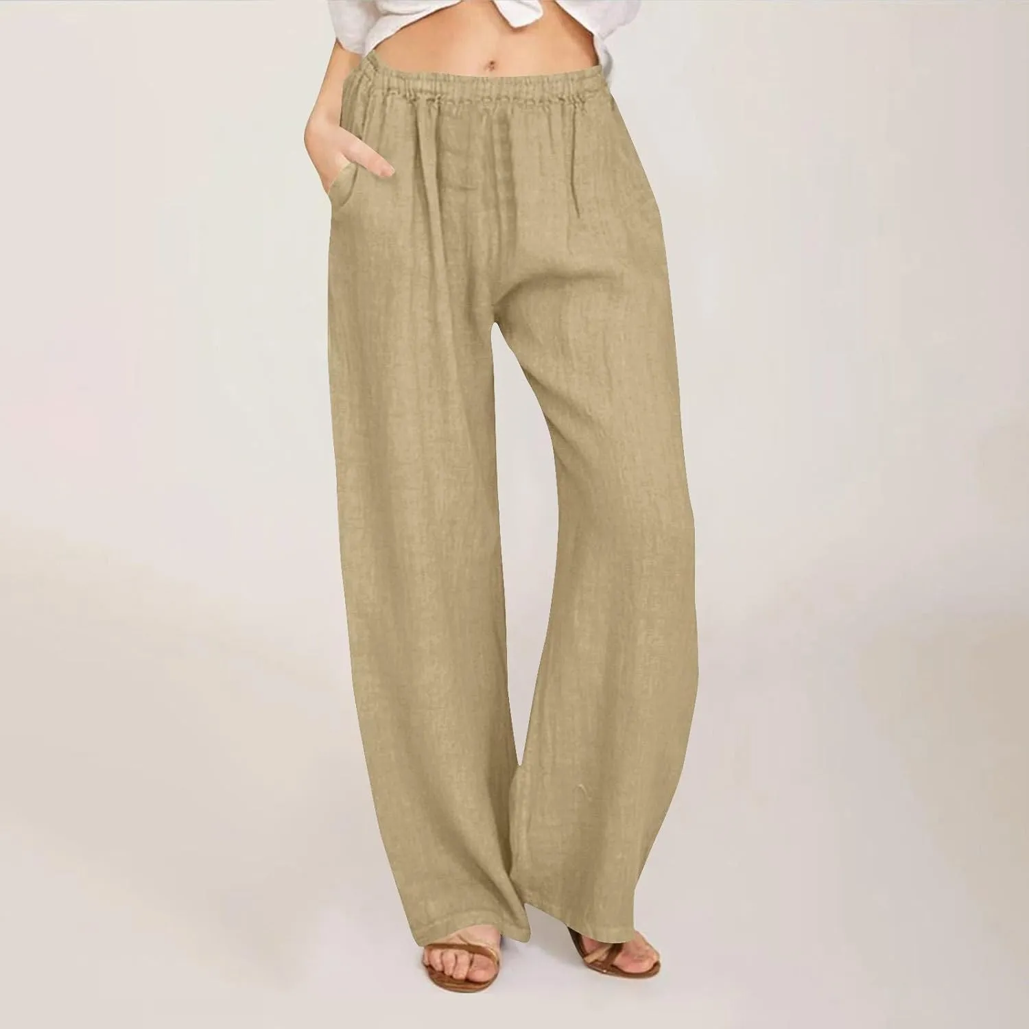 Women Pants High Waist Casual Drawstring Wide Leg Long Pant Solid Color Loose Business Office Trousers with Pockets