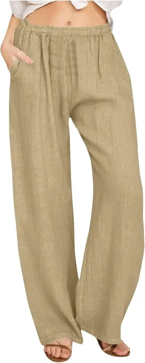 Women Pants High Waist Casual Drawstring Wide Leg Long Pant Solid Color Loose Business Office Trousers with Pockets