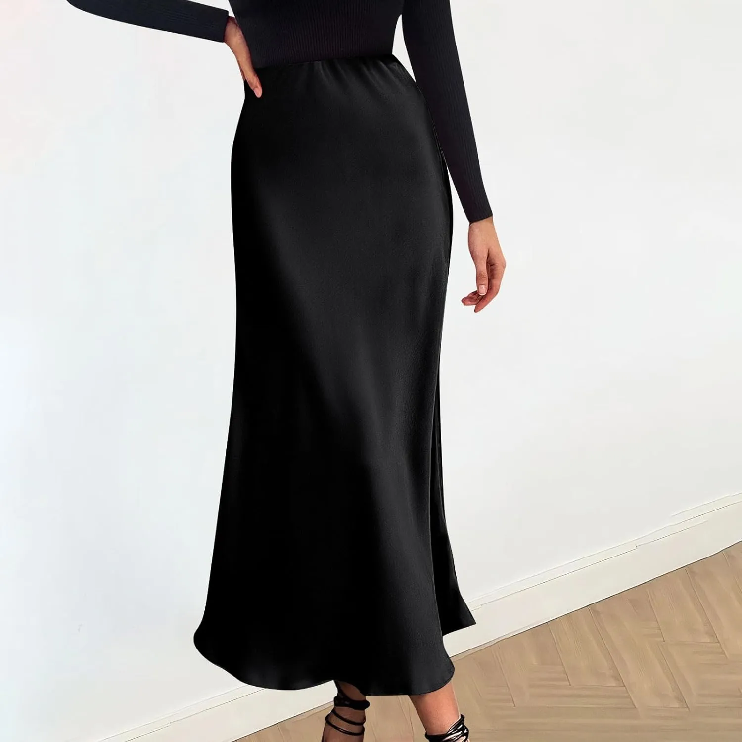 Women Satin Basic Midi Skirt Bodycon High Waist Pencil Skirts Elegant Casual Slim Fit Work Skirt for Going Out