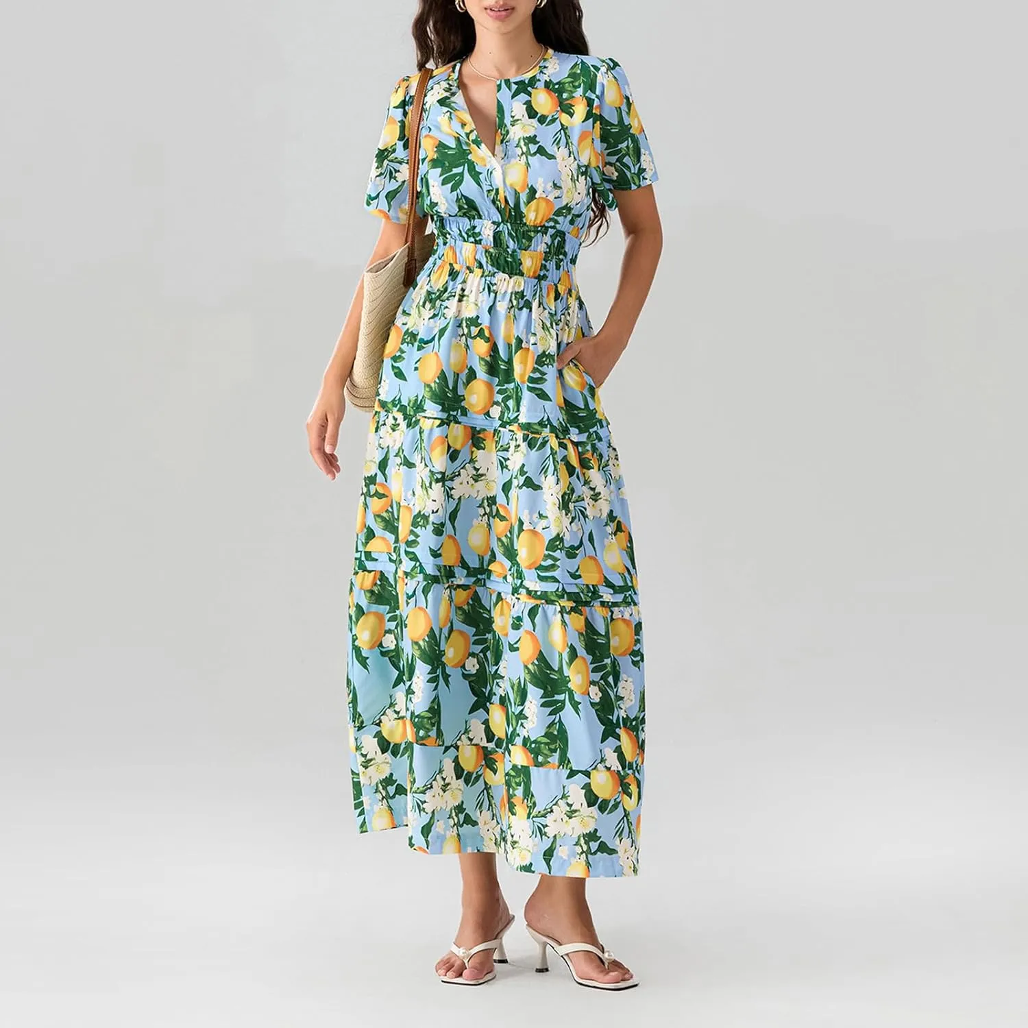 Women Summer Boho Maxi Dress Smocked Waist V-Neck Short Sleeve Tiered Flowy Dresses Beach Sundress Clubwear
