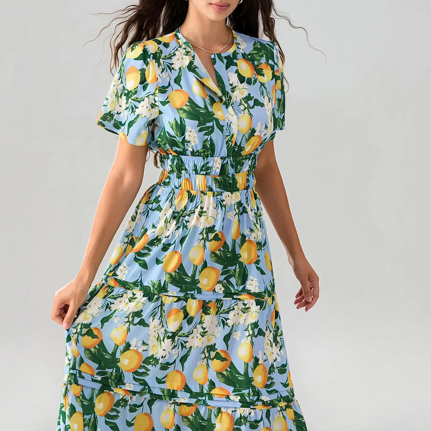 Women Summer Boho Maxi Dress Smocked Waist V-Neck Short Sleeve Tiered Flowy Dresses Beach Sundress Clubwear