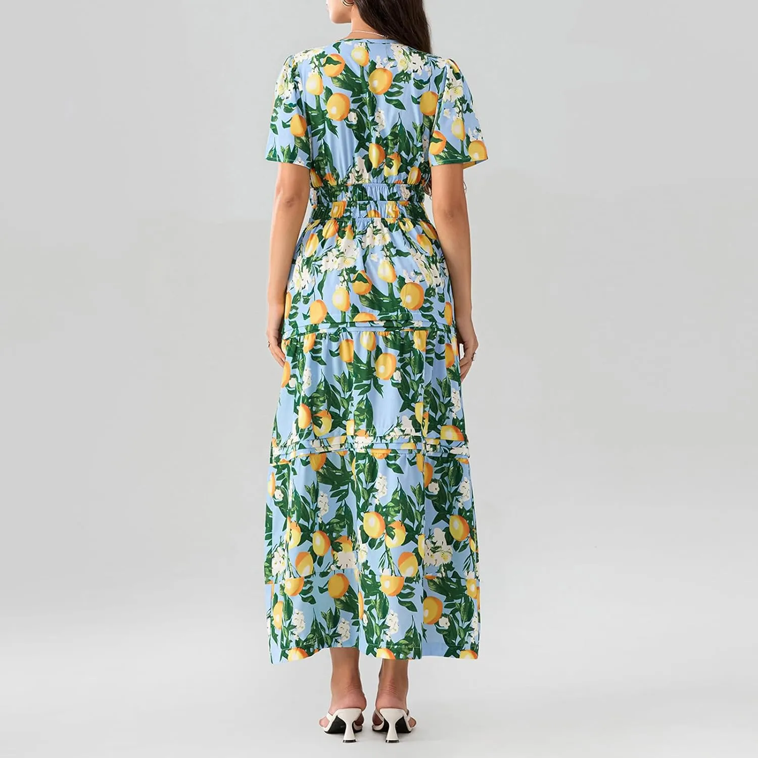 Women Summer Boho Maxi Dress Smocked Waist V-Neck Short Sleeve Tiered Flowy Dresses Beach Sundress Clubwear