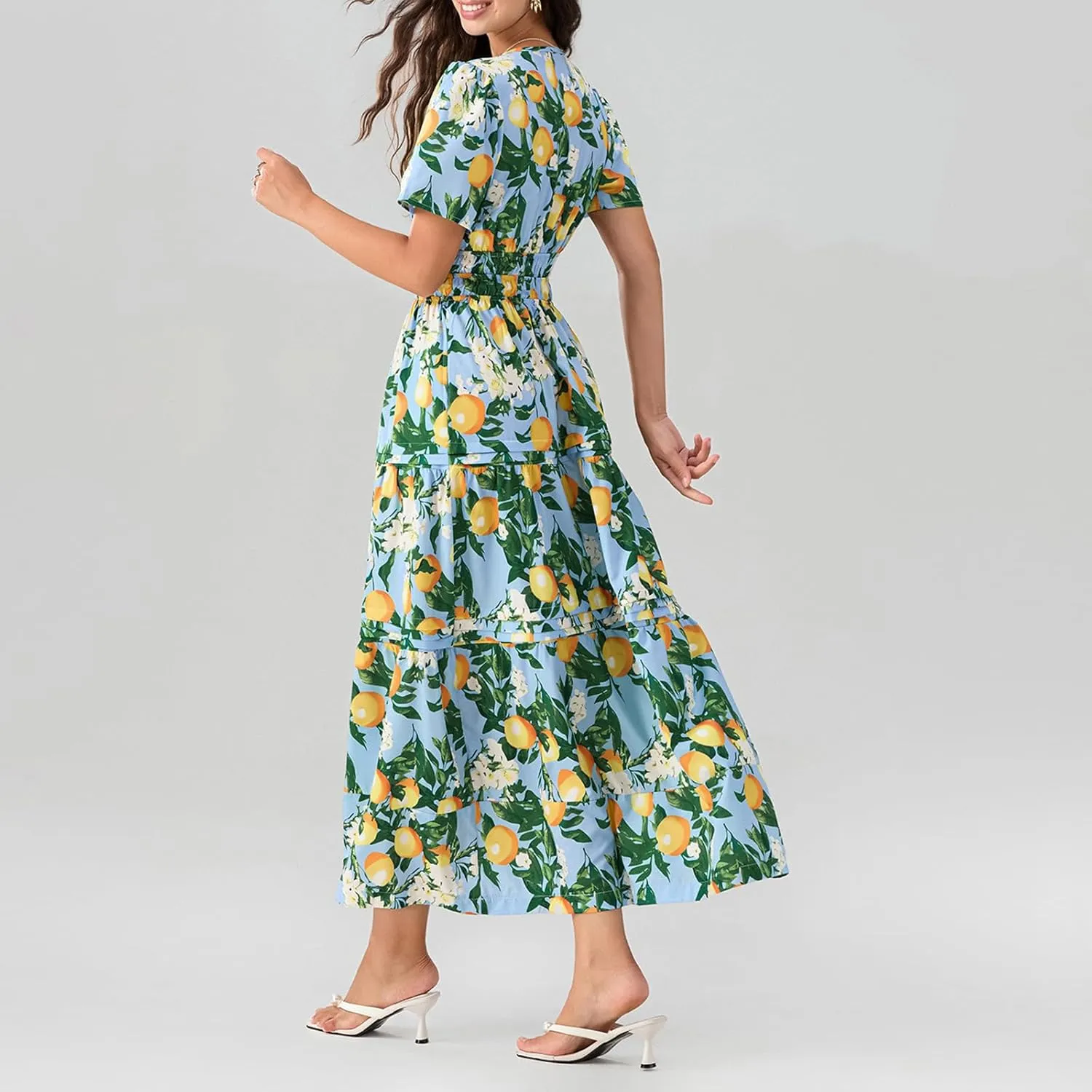 Women Summer Boho Maxi Dress Smocked Waist V-Neck Short Sleeve Tiered Flowy Dresses Beach Sundress Clubwear