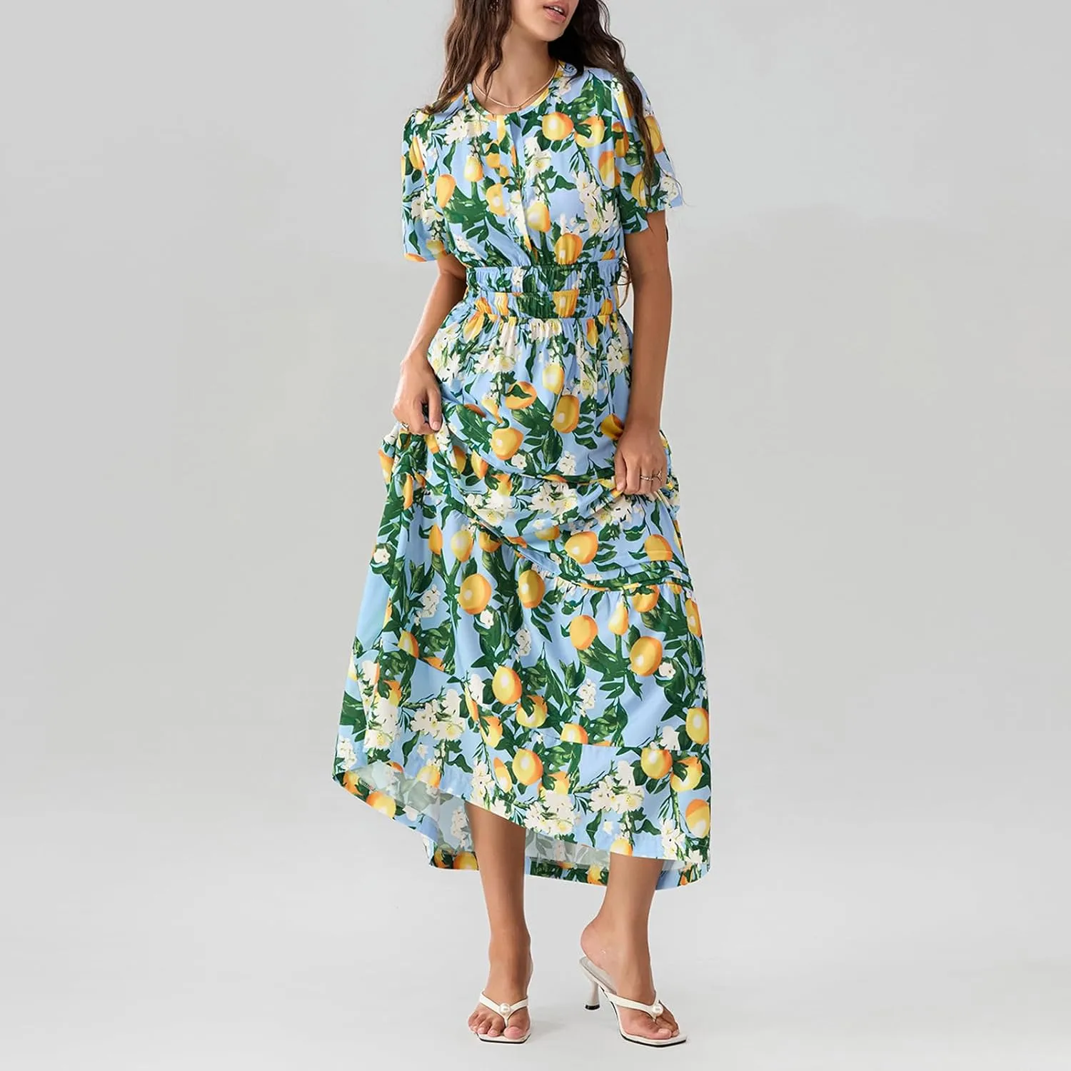 Women Summer Boho Maxi Dress Smocked Waist V-Neck Short Sleeve Tiered Flowy Dresses Beach Sundress Clubwear