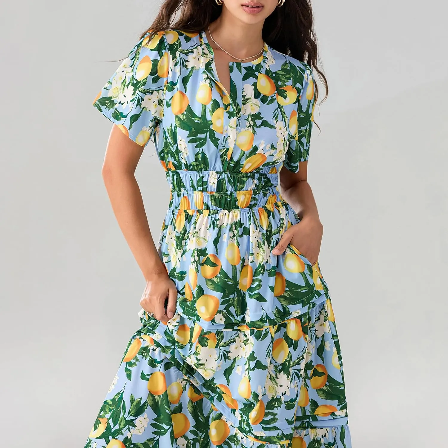 Women Summer Boho Maxi Dress Smocked Waist V-Neck Short Sleeve Tiered Flowy Dresses Beach Sundress Clubwear