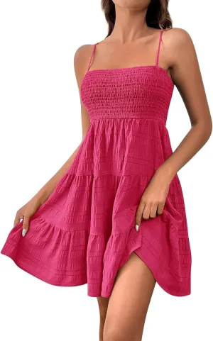 Women Summer Dresses Casual Boho Smocked Ruffles Babydoll Beach Mini Sundress Sleeveless Layered Flowy Swing Dress