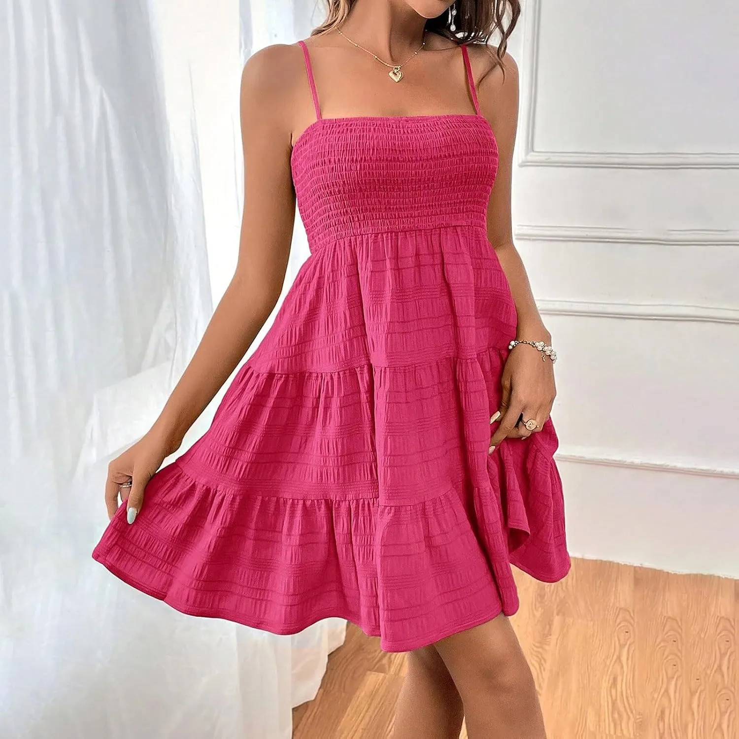 Women Summer Dresses Casual Boho Smocked Ruffles Babydoll Beach Mini Sundress Sleeveless Layered Flowy Swing Dress