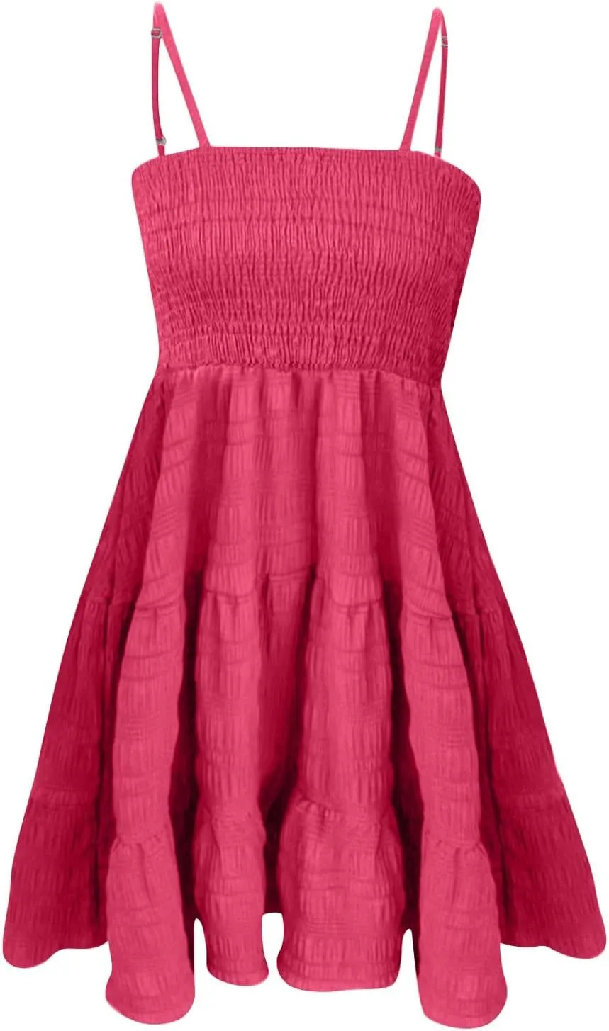 Women Summer Dresses Casual Boho Smocked Ruffles Babydoll Beach Mini Sundress Sleeveless Layered Flowy Swing Dress