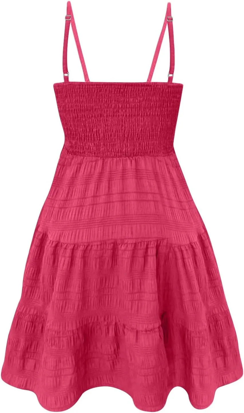 Women Summer Dresses Casual Boho Smocked Ruffles Babydoll Beach Mini Sundress Sleeveless Layered Flowy Swing Dress