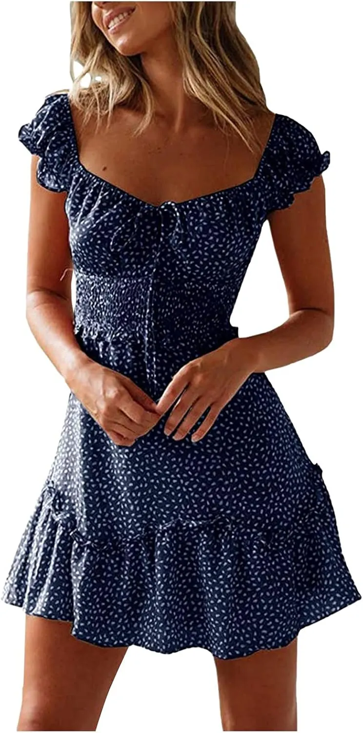 Women Summer Dresses Square Neck Ruffle Sleeve Pleated Tiered Floral Print Boohemian Mini Dress Beach Vacation Clothes