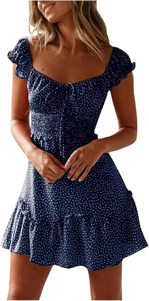 Women Summer Dresses Square Neck Ruffle Sleeve Pleated Tiered Floral Print Boohemian Mini Dress Beach Vacation Clothes