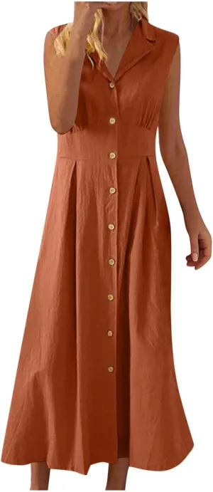 Women Summer Long Dresses Cotton Linen Solid Work Dress Causal Turndown Collar Sleeveless Button Sundress