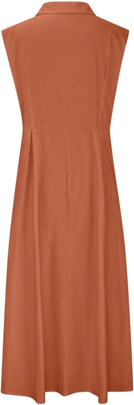 Women Summer Long Dresses Cotton Linen Solid Work Dress Causal Turndown Collar Sleeveless Button Sundress