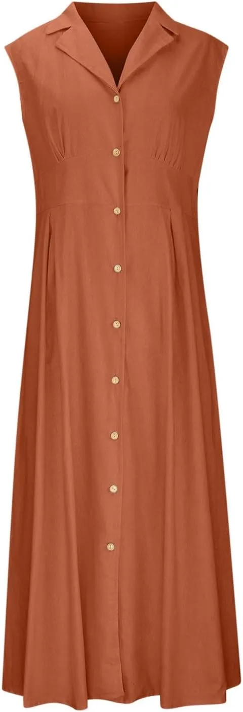 Women Summer Long Dresses Cotton Linen Solid Work Dress Causal Turndown Collar Sleeveless Button Sundress