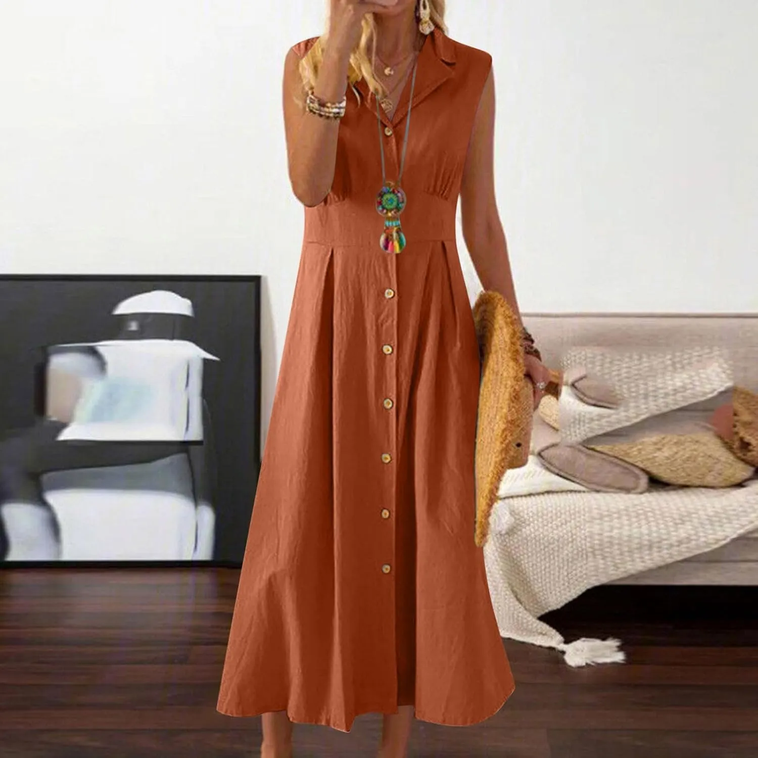 Women Summer Long Dresses Cotton Linen Solid Work Dress Causal Turndown Collar Sleeveless Button Sundress
