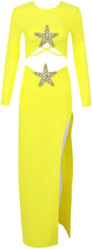 Women Summer Sexy 2 Pieces Outfits Long Sleeve Cutout Starfish Split Maxi Skirt Crop Top Set, 2024 Boho Elegant Bodycon Dresses Cocktail Dress-Yellow||S
