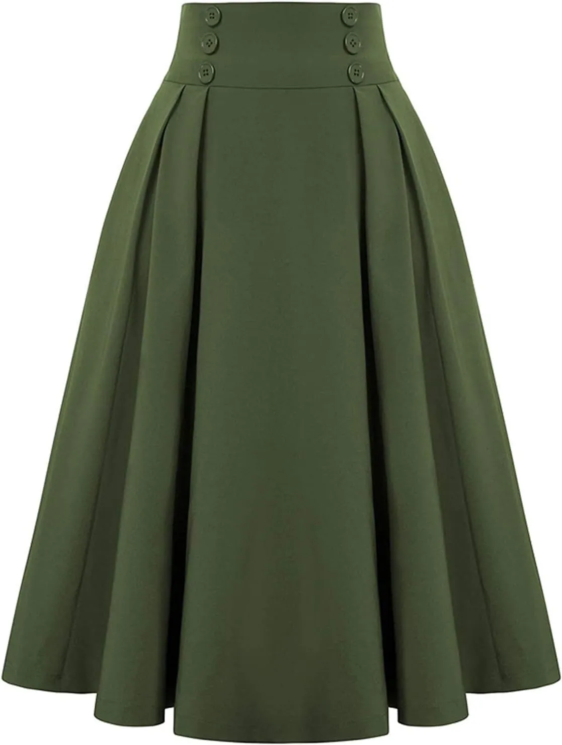 Women Vintage Skirt High Waist Pleated Skirt Midi A-Line Skirt Button Casual Knee Length Flared Skirts