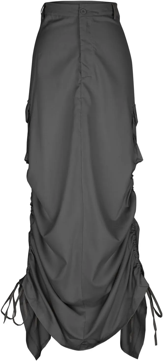 Women Y2k Cargo Long Skirt Button Zip Low Waist Side Drawstring Ruched Vintage Split Back Maxi Skirts with Pockets