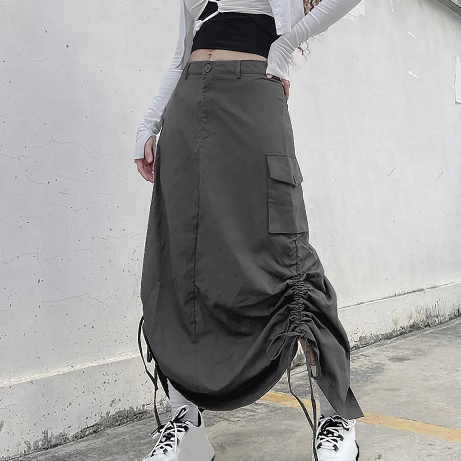 Women Y2k Cargo Long Skirt Button Zip Low Waist Side Drawstring Ruched Vintage Split Back Maxi Skirts with Pockets