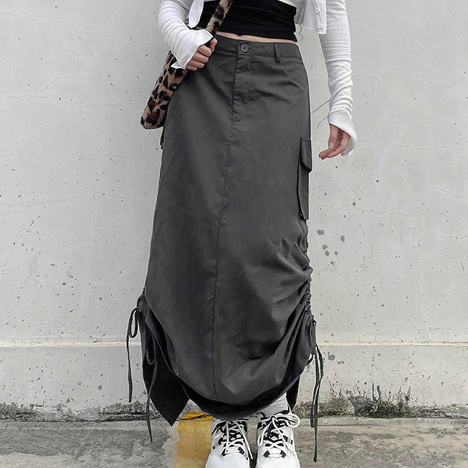 Women Y2k Cargo Long Skirt Button Zip Low Waist Side Drawstring Ruched Vintage Split Back Maxi Skirts with Pockets
