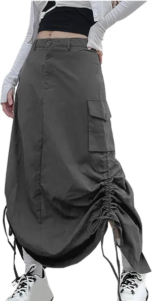 Women Y2k Cargo Long Skirt Button Zip Low Waist Side Drawstring Ruched Vintage Split Back Maxi Skirts with Pockets