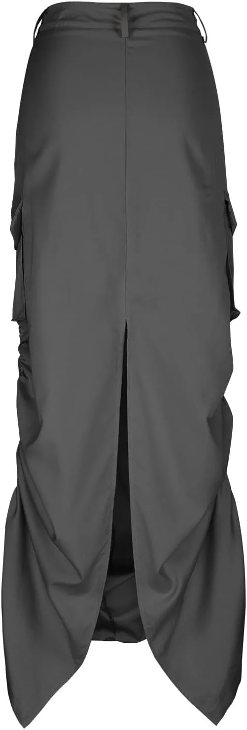 Women Y2k Cargo Long Skirt Button Zip Low Waist Side Drawstring Ruched Vintage Split Back Maxi Skirts with Pockets