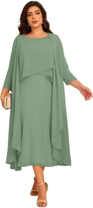 Women's 2 Piece Mother of The Bride Dresses for Wedding Long Sleeve Ruffles Chiffon Formal Evening Dress DE364
