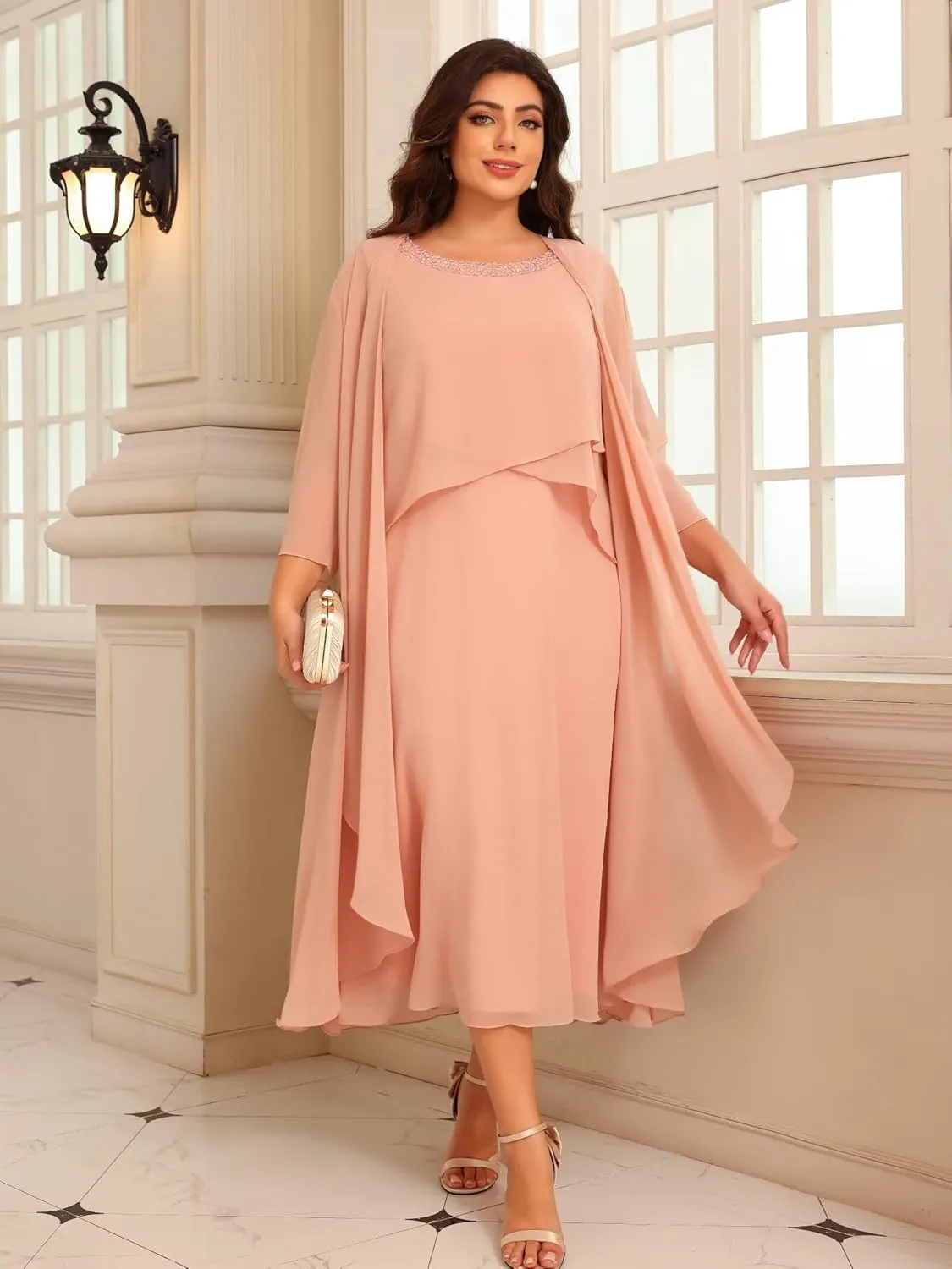 Women's 2 Piece Mother of The Bride Dresses for Wedding Long Sleeve Ruffles Chiffon Formal Evening Dress DE364